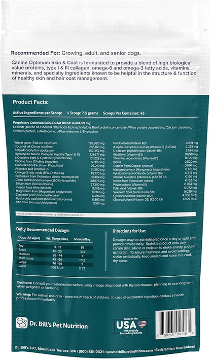 Dr. Bill's Canine Optimum Skin & Coat – Reduces Shedding, Itching, Dry Skin – Allergy Relief for Healthy Fur - Omega 3, Collagen, Biotin & Hyaluronic Acid – 340g Vet-Recommended Dog Supplement