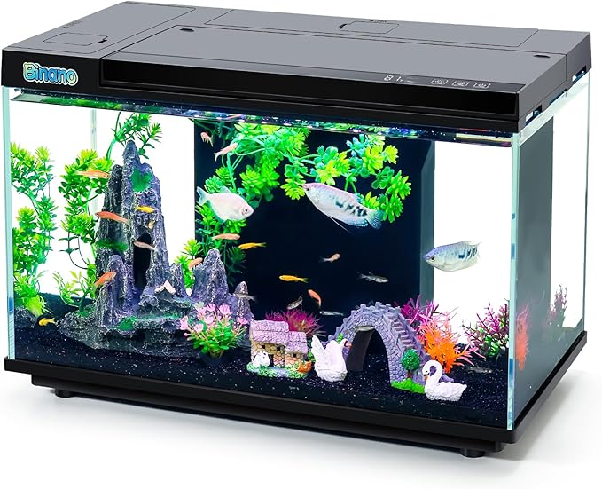 8 Gallon Aquarium Kit Featuring Real-Time Temp Display, Adjustable Flow Pump, Bottom Storage, Multi-Position Filter & 6 Light Modes - Complete Fish Tank Starter for Betta or Goldfish