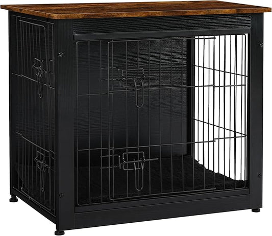 DWANTON Dog Crate Furniture with Cushion, Wooden Kennel Table with Double Doors, Indoor Dog House, Small/Medium/Large Size, 27.2" L, Black+Rustic Brown
