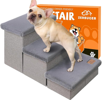 Dog Stairs with Furry Lids 18" H, 3-Step Wider Dog Steps with Storage for Small/Medium/Large Old Dogs Cats, Folding Sturdy Pet Stairs Climbing Bed Couch, Ramp for Car Hold Up to 200 lbs, Grey