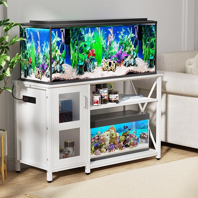 55-75 Gallon Fish Tank Stand with Cabinet, Aquarium Stand for Fish Tank Accessories Storage, Heavy Duty Metal Terrarium Stand, 52" L*19" W Tabletop, 1200LBS Capacity, White