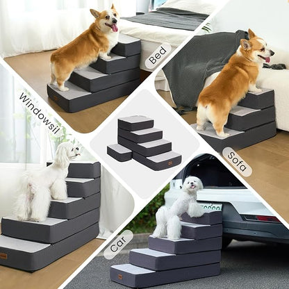 4-Step Adjustable Dog Stairs for Beds, Dog Steps for Small Dogs and Cats, Foldable Pet Stairs for Bed Climbing, Non-Slip Pet Step Indoor, Grey