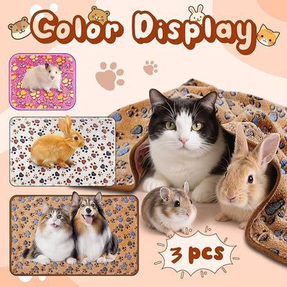 3 Pcs Washable Guinea Pig Blankets Absorbent Small Animal Fleece Bedding Cage Liners Reusable Pet Pee Pad Sleep Mat Pad Cover for Hamster Ferret Rabbit Chinchilla Hedgehog (Multi, Muitisize)
