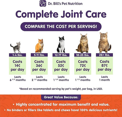 Dr. Bill’s Feline Complete Joint Care | Advanced Hip & Joint Supplement for Cats | Green Lipped Mussel Extract, Collagen Type II, Chondroitin, Hyaluronic Acid, Omega 3 and Colostrum | Powder, 85g