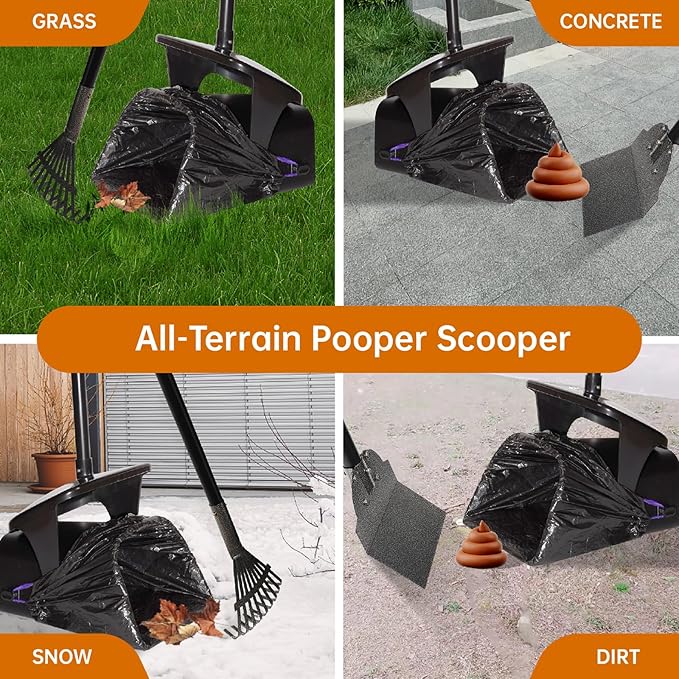 Dog Pooper Scooper with Bags & Dispenser - 37.4" Long Durable Metal Handle Swivel Bin & Rake & Spade Kit, Large Capacity Portable Pooper Scooper for Yards，Easy to Assemble