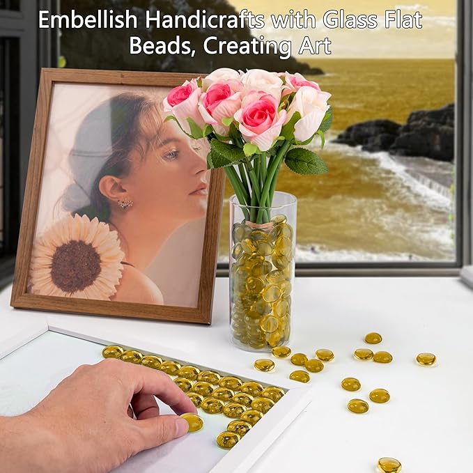 Amber Glass Marbles, 0.97LB Transparent and Smooth Mancala Stones, Yellow Flat Glass Beads for Vases, Mosaic Gem Pebbles for Aquarium Decor, Floral Arrangements Vase Filler and Crafts,Approx.80-100PCS