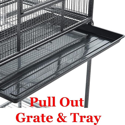 64" Extra Large Double Flight Bird Wrought Iron Double Cage Slide Out Center Divider Side Nesting Box Door Parrot Cage Cockatiel Conure with Removable Rolling Stand Storage Shelf