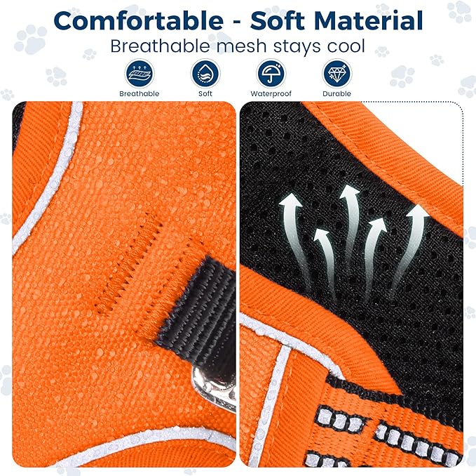 Funfox Dog Harness No Pull, Adjustable Pet Vest Harness, Super Soft Material with Vertical Handle Easy Control, Reflective Night Walking, 2 Leash Clips for XLarge Dogs, Orange, XL