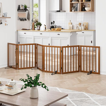 Freestanding Pet Gate Foldable Dog Gate (110 inches Wide) Walnut Bamboo Dog Gates for Stair Doorways House Puppy Fences Indoor (4 Support Feet Included)