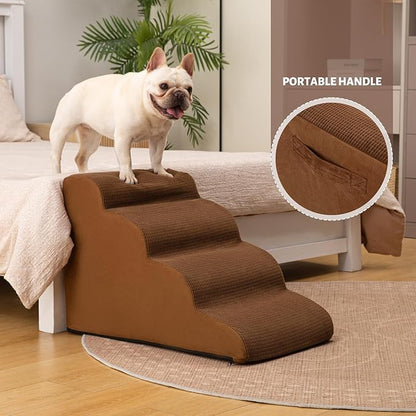4-Step Dog Stairs and Ramp for Beds or Couches – Non-Slip Sturdy Pet Steps for Small Dogs and Cats,17.4" H,Brown