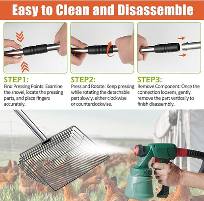 Esmorah 10 Inch Large Metal Chicken Poop Scooper for Sand & Coop Cleaning - Long Sifting Shovel with 24"-68" Adjustable Handle, 5 Lengths Heavy Duty Stainless Steel