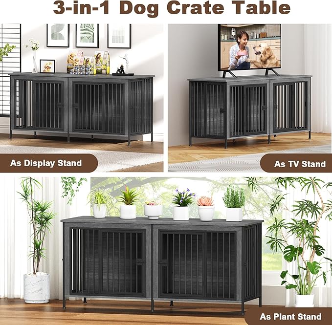 EasyCom 63" Dog Cage Furniture for 2 Pets with Divider, XL Wooden Double Dog Crate Furniture TV Stand for Mideum Breed, Durable and Sturdy