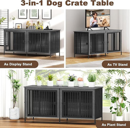 EasyCom 63" Dog Cage Furniture for 2 Pets with Divider, XL Wooden Double Dog Crate Furniture TV Stand for Mideum Breed, Durable and Sturdy