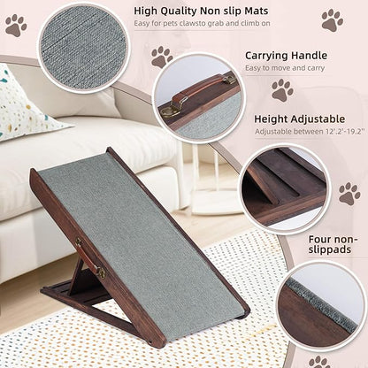 Folding Dog Ramp for Bed, Couch, Car, SUV & RV - Adjustable 4 Heights (12.2"-19.2"), 35.4" Long Wooden Pet Ramp with Non-Slip Mat & Safety Rails - Supports Pets up to 200 lbs
