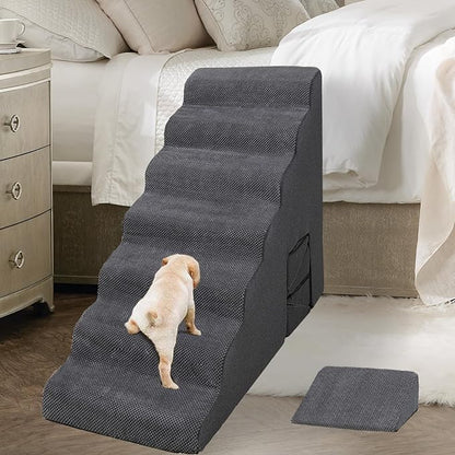Dog Stairs for High Beds 30-36 inches Tall, 7-Step Pet Stairs/Steps for Small Large Dogs, 30D Foam Pet Steps/Ramp/Ladder for High Bedsides, with 4pcs Dog Ramp for Stairs, Dark Grey