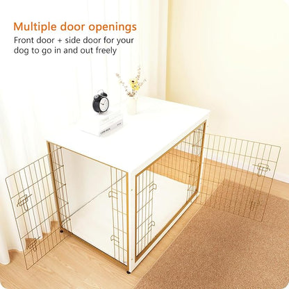 DWANTON Dog Crate Furniture with Cushion, Wooden Kennel Table with Double Doors, Indoor Dog House, Extra Large Size, 43.3" L, White+Gold