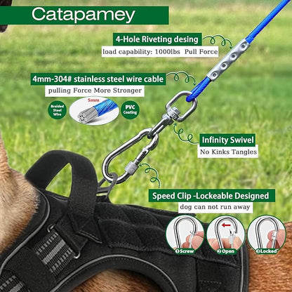 Dog Tie Out Cable and Stake for Yard,(up to 200lbs) 360°Swivel Dog Run Anchors- No Tangle,with 30FT Heavy Duty Tie Out Cable for Dogs,Runner for Yard,Ideal for Outdoor Camping