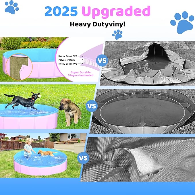 2025 Updated Foldable Dog Pool, 87" x 12" Kiddie Pool with Hard Plastic, Non-Slip Dog Bath Tub for Outdoor Backyard, Collapsible Dog Swimming Pool for Kids Dogs Pets (Pink)
