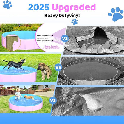 2025 Updated Foldable Dog Pool, 39.5" x 12" Kiddie Pool with Hard Plastic, Non-Slip Dog Bath Tub for Outdoor Backyard, Collapsible Dog Swimming Pool for Kids Dogs Pets (Pink)