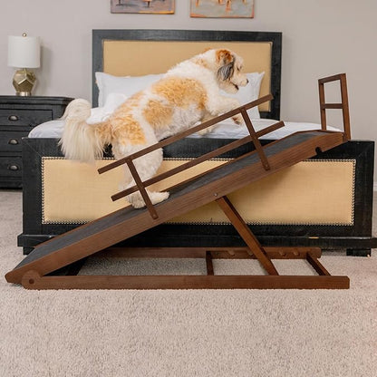 Dog Ramp for Bed, 5 Level Adjustable Dog Ramp for High Beds, Upgrade Rubber Mat High Traction Ramp with Safety Rails, Folding Pet Ramp for Bed, Couch,SUV, Natural Wood Pet Ramp for Small & Old Dogs