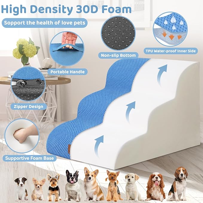 Dog Ramp and Stair for Bed 16" H-20 H,3-Step Cat Stair for Sofa and Chair,4-Step Dog Ramp for High Bed and Window,Durable Nonslip Fabric Cover for Indoor (Blue-16“H, Pet Friendly, 3)