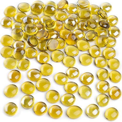 FUTUREPLUSX 1LB Yellow Glass Marbles, Flat Marbles Glass Beads Vase Fillers Decorative Rocks Gold Gemstones for Centerpieces Aquarium Table Scatter Home Decor