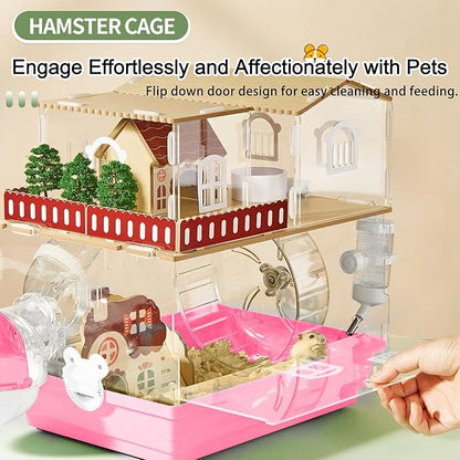 12 in 1 Clear Acrylic Hamster Cage with All Accessories,13.5''L*10''W*15''H Dwarf Hamster Cage,Magnetic Connection Small Hamster Enclosure,Wooden Mouse Cage for Pet Mice(2-Layer,Pink) Install Required