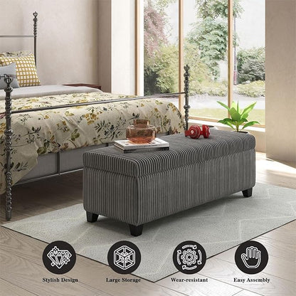 48" Ottoman with Storage, Corduroy Storage Ottoman Bench for Bedroom, End of Bed Bench with Safety Hinge for Living Room, Bedroom, Entryway, Grey