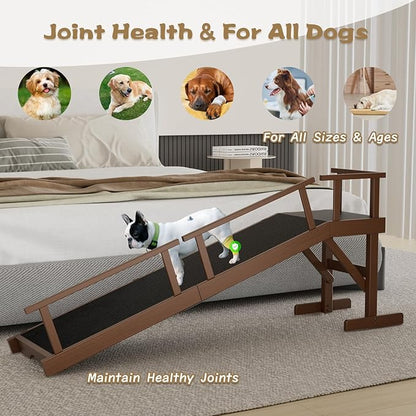 61" Dog Ramp for Bed, Pet Ramp with Removable Side Rail and Non-Slip Surface, Pet Ramp for Small & Large & Senior Dogs with Rest Platform and DIY Glow Strips,Dog Stairs for Couch, Brown