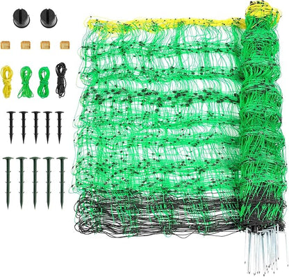 Electric Fence Netting, 49.6" H x 164' L, PE Net Fencing Kit with 14 Posts Double Spiked, Utility Portable Mesh for Sheep Hogs Goats Deer Dogs Lambs Used in Backyards Farms Ranches Patio, Green