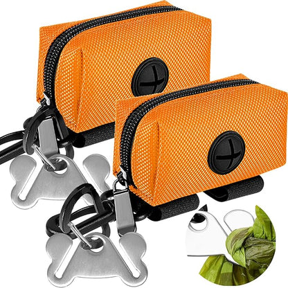 Dog Waste Bag Dispenser Pet Poop Bags Holder for Doggie Waste Bags Dispensers Soft Fabric Zipper Small Doggy Puppy Pouch for Leash Accessory Attachment with Carrier,2PC Orange