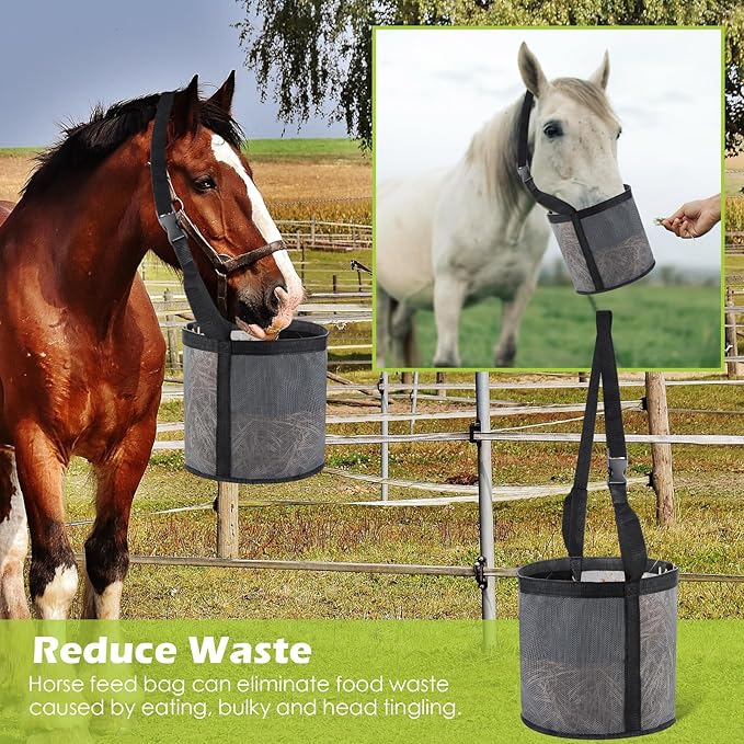 2 Pcs Horses Feed Horse Bag for Grain Hay Bags Heavy Duty Mesh Horse Feeder with Adjustable Strap Comfort Neck Pad Nose Pad and Waterproof Bottom Muzzle(Gray)