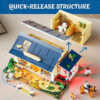 FUNWHOLE Farm Horse-Stable Lighting-Building-Bricks Set - Farm Life Horse Animals Cabin Collection LED Light Cottage Model Display Set 973 Pcs for Adults and Teen