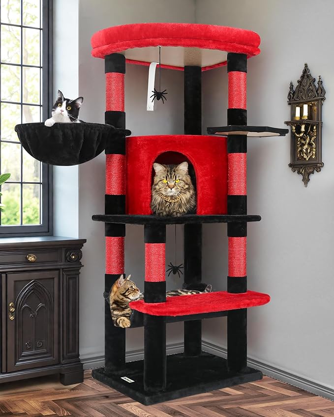 Globlazer Gothic Corner Cat Tree Tower with Scratching Post for Indoor Cats, 51inch Goth Cat Condo Tower with Large Hammock, Fan-Shaped Padded Perch, Spacious Cat Cave, Hanging Basket, C51, Red Black