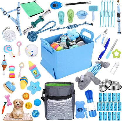 65 Pcs Puppy Supplies Starter Kit Small Dog Essentials Includes Dog Leash, Toys, Bowl, Brushes, Water Bottles, pet Blankets Puppy Accessories for New Welcome Gift Supplies(Cool,Blue)