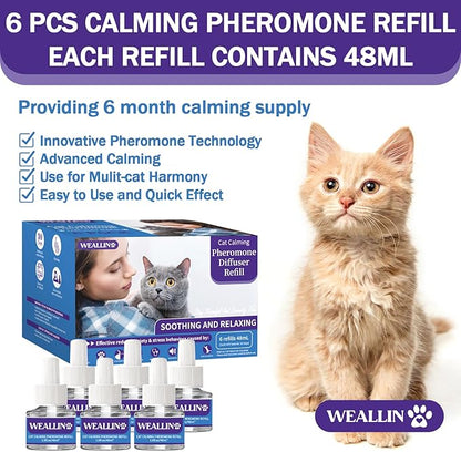 6 Pack Cat Calming Diffuser Refills - Cat Pheromones Calming Diffuser Refill Relieve Anxiety & Stress 6 Month Supply, Cat Pheromone Diffuser Refills (Fits All Common Diffuser Heads)