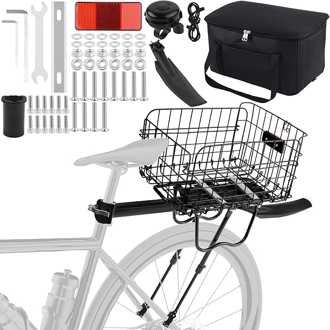 Aodaer Rear Bike Rack with Basket Quick Release Bike Rear Rack Heavy Duty Folding Bike Basket with Waterproof Bag & Cargo Net & Installation Tool