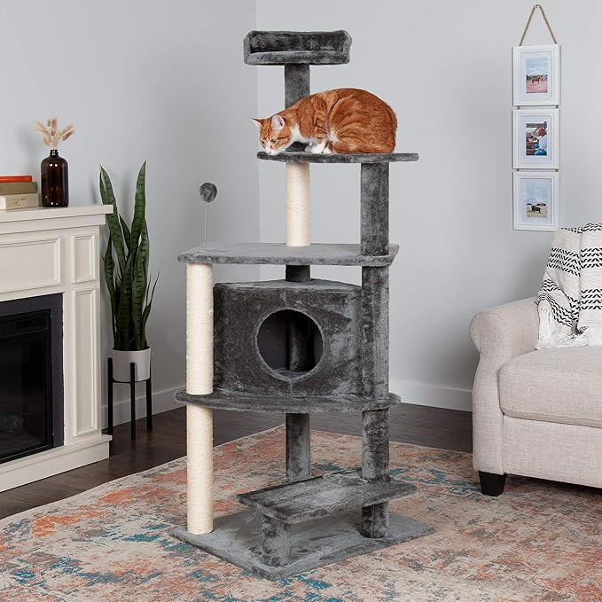 Furhaven 59.8" Tall Cat Tree for Indoor Cats, Ft. Sisal Scratching Posts, Condo, & Toys - Tiger Tough Platform House Interactive Playground Tower - Gray, One Size