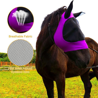 2 Piece Horse Fly Mask with Ears, Comfortable Fit Stretch Fabric Big Eye Space Soft Breathable with UV Protection for Full Horses (Purple-Gray)