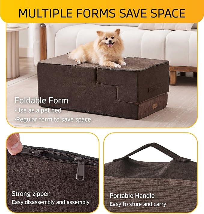 Dog Stairs for High Bed, Dog Steps for Bed Couch Sofa, 35D Foam Pet Steps for Small Dogs and Cats, Extra Wide Pet Stairs with Non-Slip Bottom Brown, 5 Steps