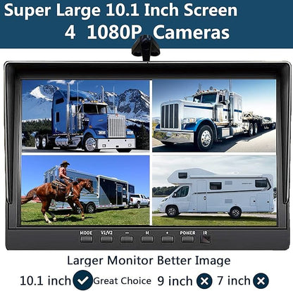 128GB DVR Dash cam Audio 10.1 inch 1080P Backup Camera Monitor & Built-in Recorder for RV Truck Trailer Rear Side Front Reversing View Wired System 4 Split Large Screen Waterproof Avoid Blind Spot