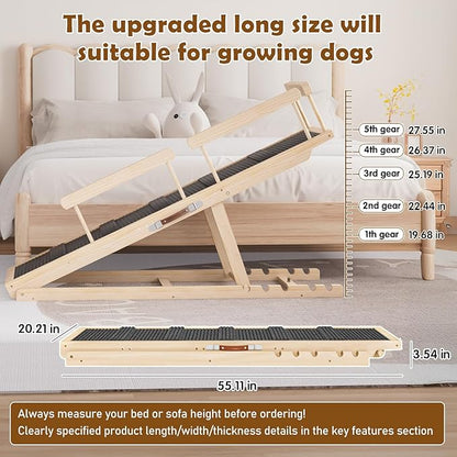 Dog Ramp for Couch, Bed or Car, Wooden 55" Long Pet Stairs for Small & Large Old Dogs & Cats, Hold up to 250lb, 6 Adjustable Height from 19.68" to 27.55" Portable Doggie Steps, Excellent Traction