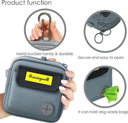 Dog Treat Pouch for Pet Walking and Training with Clicker Poop Bags and Three Bags Design Small Fanny Zipper Pack Holder for Puppy Snack Dispenser Kit for Leash and Outdoor Use (Gray)