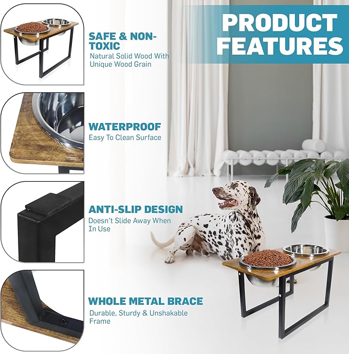 Elevated Dog Bowls for Large & Extra Large Breed Dogs - Raised Dog Feeding Station with Two Stainless Steel Bowls - Helps to Reduce Strain on Dog’s Neck & Joints - 3500 ML Capacity