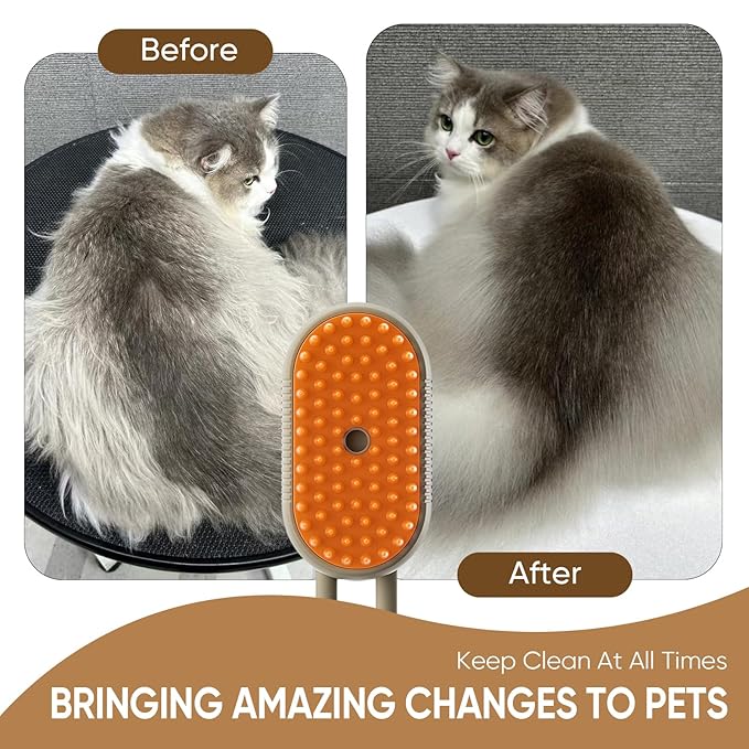 4-in-1 Cat Steam Brush for shedding–Self-Cleaning Comb for Long and Short Hair Cats and Dogs, Steam Pet Brush for Hair Removal, Vibrating Message, Grooming & Relaxation (Khaki)