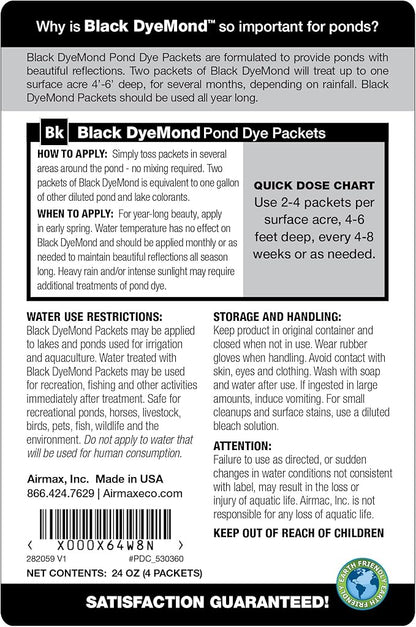 Airmax Black DyeMond Pond Dye Packets Natural Water Colorant for Ponds, Beneficial UV Blocking Color Concentrate, Maintain Clean & Clear Water, Fish, Bird & Animal Safe, 16 Packet