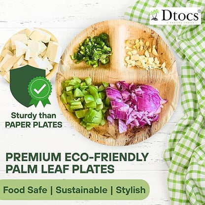 Dtocs 3 Compartment Plates (50 Pc) Palm Leaf 10 Inch Round Portion Control Buffet Sectional Plate | Bamboo Plates Disposable Like Compostable Camping Dinnerware Stronger than Divided Paper, Styrofoam