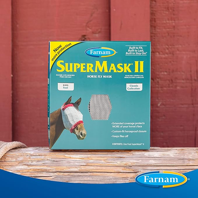 Farnam SuperMask II Fly Mask Without Ears for Foals, Full Face Coverage and Eye Protection from Insect Pests, Structured Classic Styling Mesh with Plush Trim, Foal Size