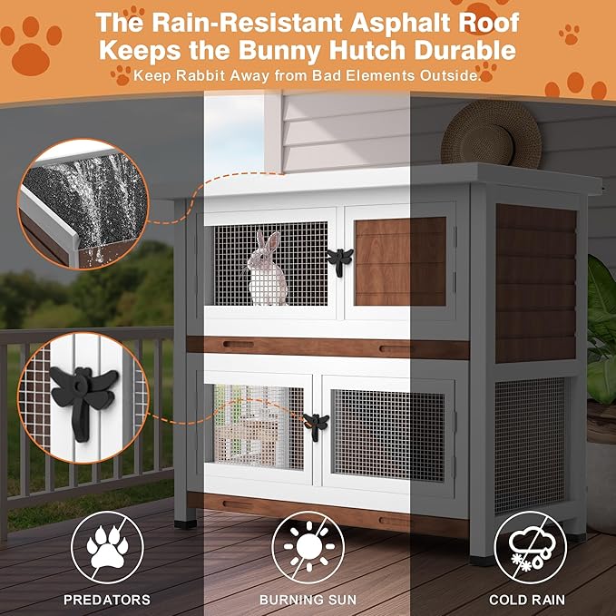 2 Story Rabbit Hutch, Indoor Outdoor Bunny Hutch Solid Wood Rabbit Cage with Removable Trays, Waterproof Asphalt Roofs and Ventilation Door, Small Animal House for Rabbit Guinea Pig Ferret, Walnut