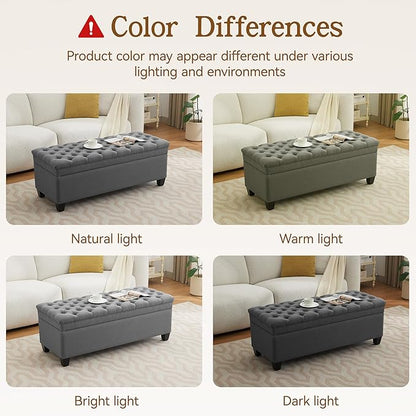 51" Fabric Storage Ottoman Bench, Upholstered Rectangle End of Bed Storage Ottoman Tufted Living Room Bedroom Bench with Safety Hinge, Solid Wood Legs, Loads 500 lb(Dark Grey)